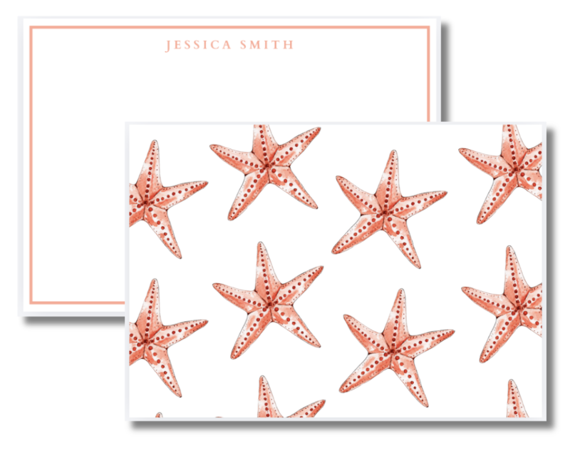 A stationery card with a pattern of orange starfish and a plain card with a coral-colored border and text reading 'Jessica Smith'.