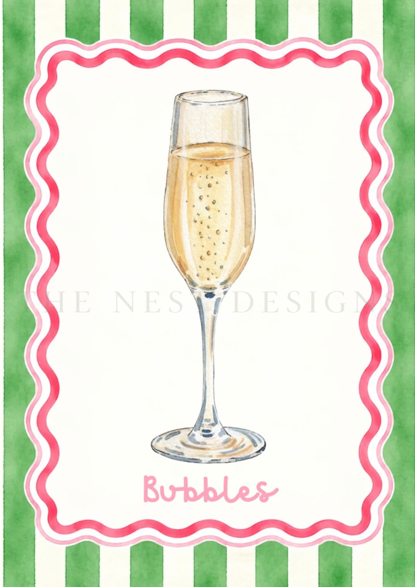 A sign with a watercolor illustration of a champagne flute filled with bubbly, text reading "Bubbles," with a green and pink border design.
