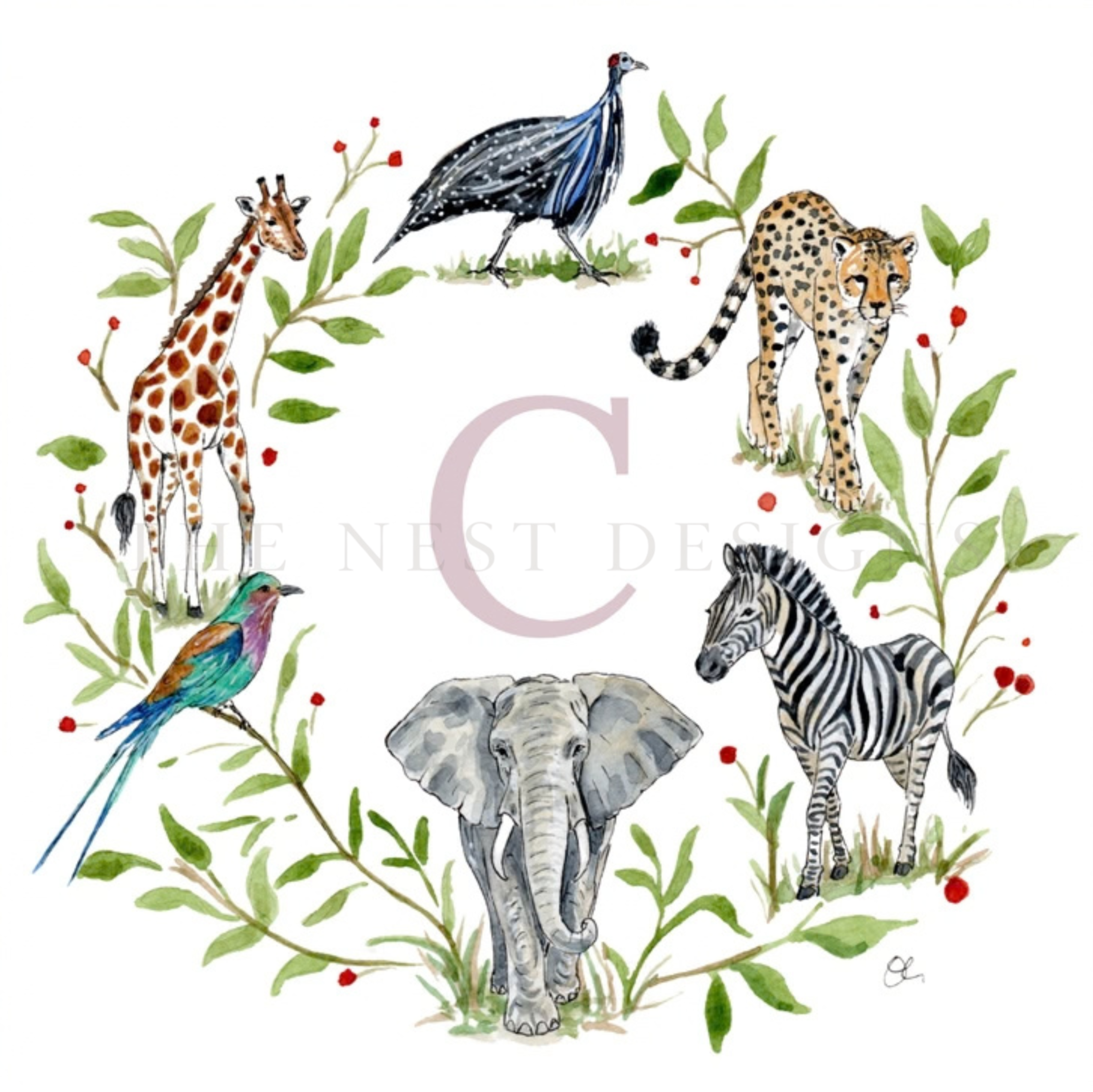 Watercolor illustration of a giraffe, peacock, zebra, and cheetah among green leafy branches and red berries.