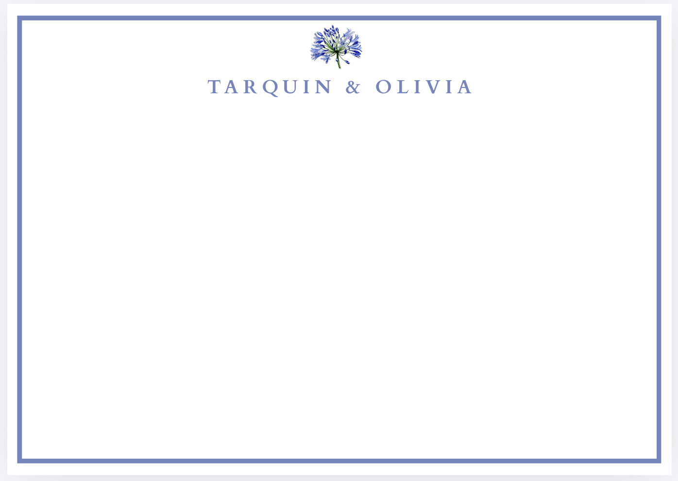 A wedding invitation with a purple border, featuring a purple flower at the top center, and the names 'Tarquin & Olivia' written below in purple text.