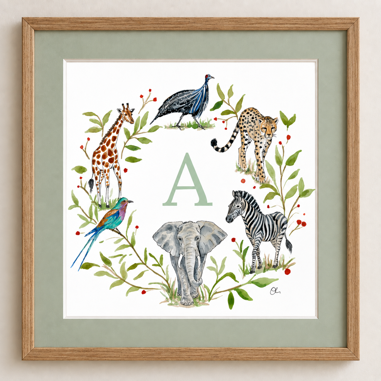 An illustration with the letter A in the center, surrounded by animals including a giraffe, peacock, jaguar, zebra, elephant, and a colorful bird, all encircled by green leaves and red berries, framed in a wooden frame.