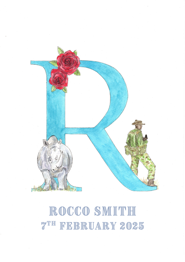 Watercolor illustration of a large blue letter R decorated with red roses, with a hippopotamus at the bottom left and a soldier in camouflage uniform and hat on the bottom right, alongside text reading 'Rocco Smith, 7th February 2025'.