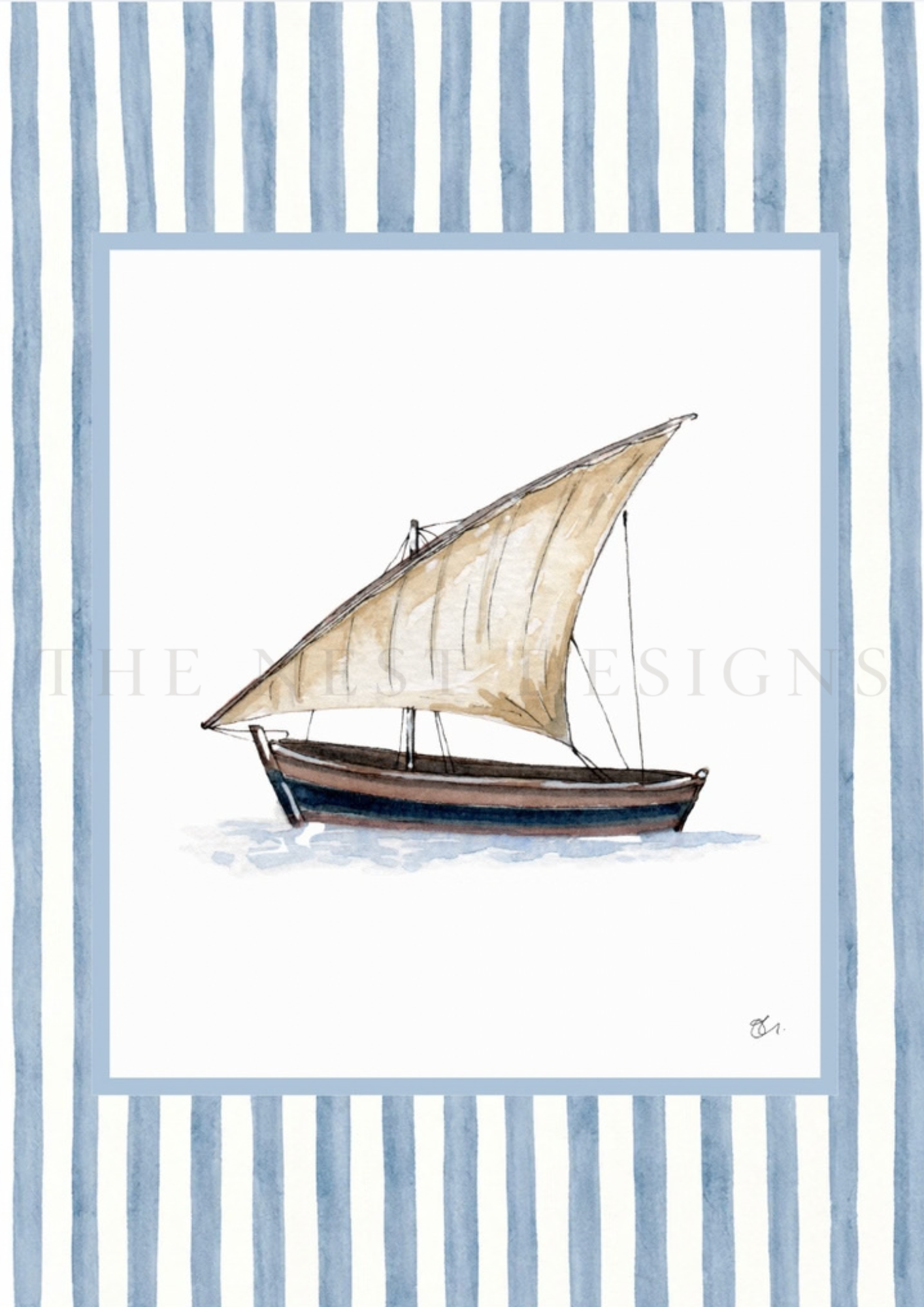 Watercolor illustration of a traditional wooden boat with a large beige sail, set against a white background with blue striped border.