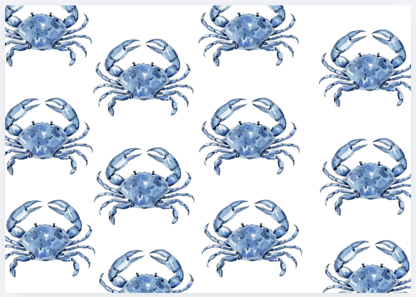 Pattern of blue crabs watercolor illustration on white background.