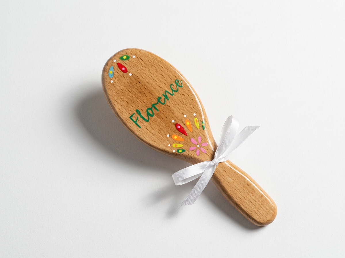 A wooden hairbrush with colorful painted decorations and the word 'Florence' written on it, tied with a white ribbon.