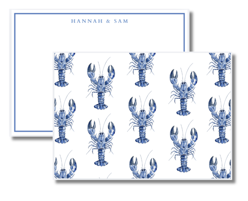 A wedding invitation card with a lobster-themed design. The front of the card features a pattern of blue lobsters, while the inside displays the text 'HANNAH & SAM' in blue uppercase letters.