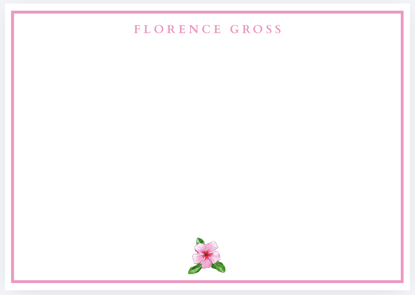 A white card with a pink border featuring the name Florence Gross at the top in pink text, and a pink flower with green leaves at the bottom.