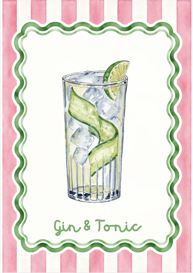 A colorful watercolor illustration of a glass of gin and tonic with ice cubes, lime and cucumber slices, set against a pink and white striped background, with a decorative green border and the text 'Gin & Tonic' below.