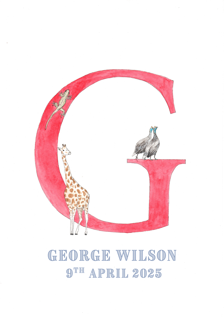 A large red letter G with a giraffe and an alligator inside, and two birds perched on the G. Text below reads 'George Wilson, 9th April 2025.'