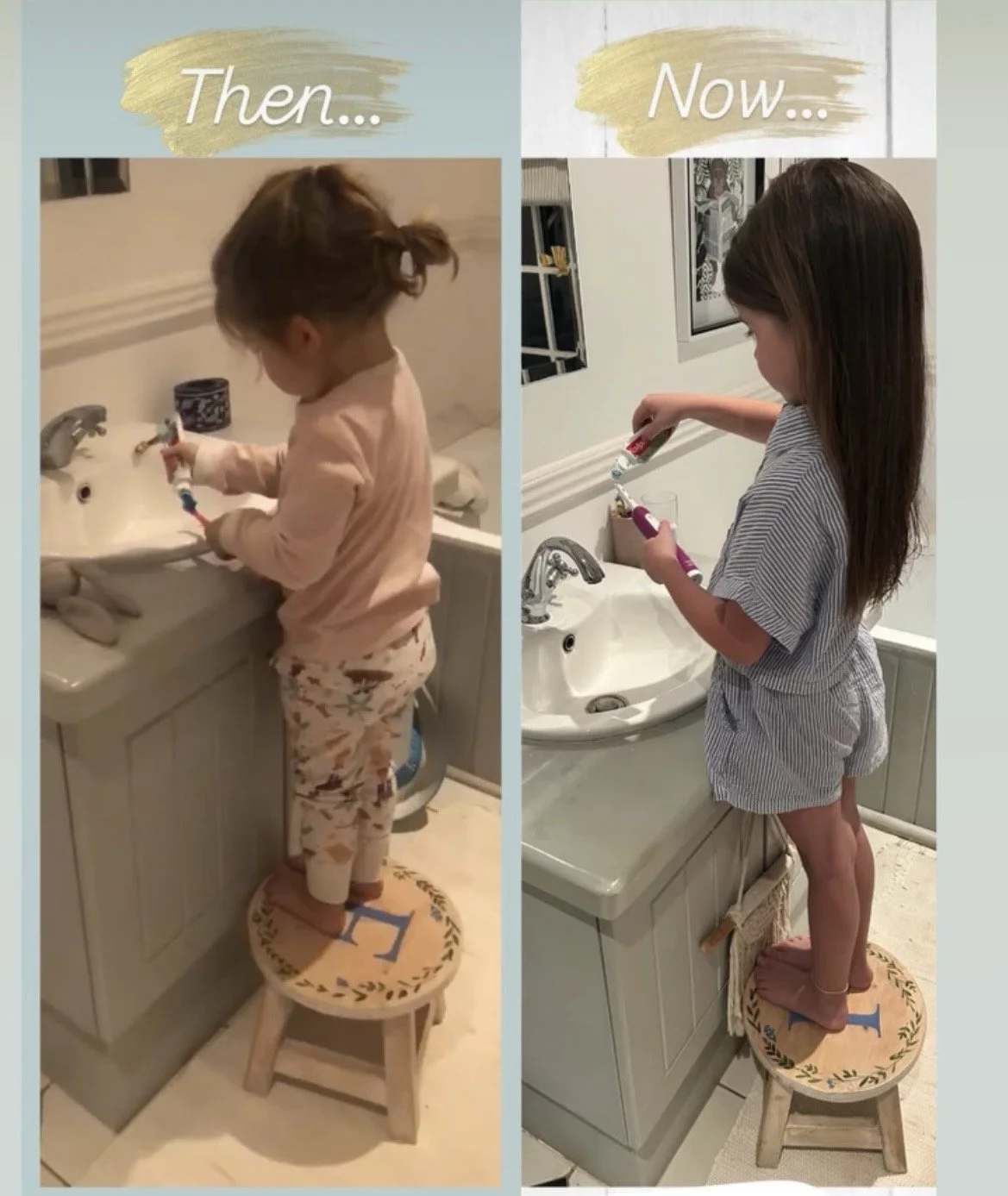 Side-by-side images showing a young girl brushing her teeth on a stool; the left labeled "Then" with her in pajamas, the right labeled "Now" with her in a striped shirt and shorts. Both images taken in front of a bathroom sink.