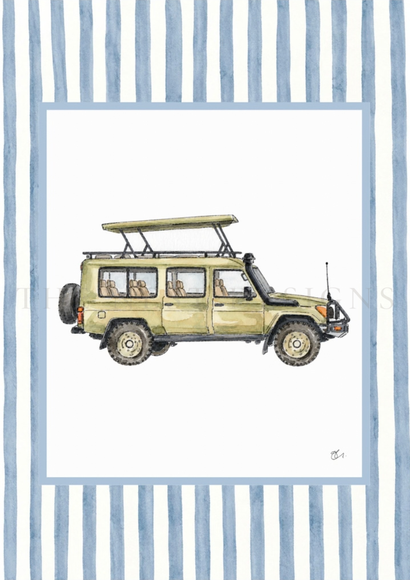 Watercolor illustration of a beige off-road safari vehicle with a roof rack against a blue and white striped background.