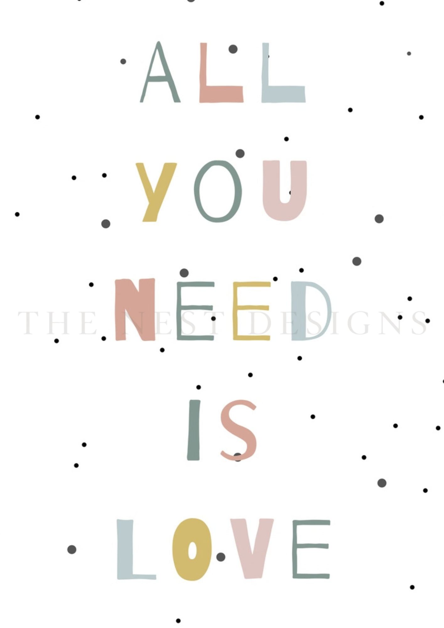 Colorful text saying 'ALL YOU NEEDED IS LOVE' with black dots scattered around on a white background.