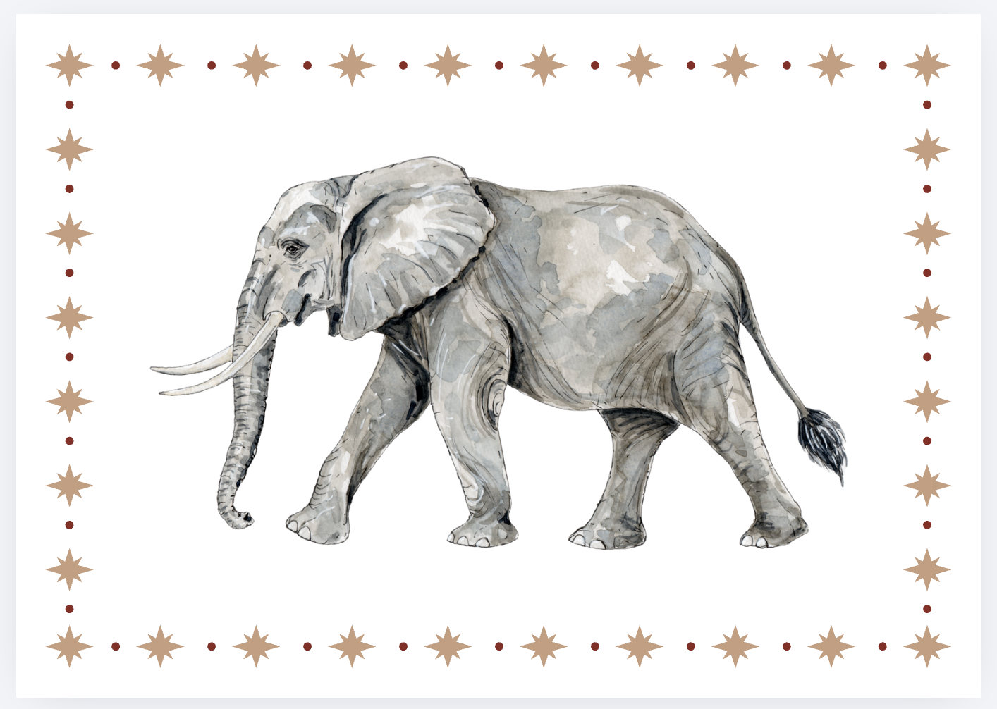 Watercolor painting of an elephant with decorative star and dot border.