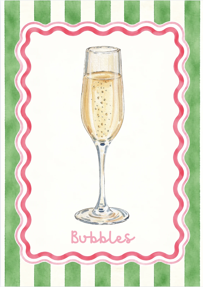 A watercolor illustration of a glass of champagne with bubbles, framed with pink and white wavy border, on a green and white striped background, with the word "Bubbles" written at the bottom.
