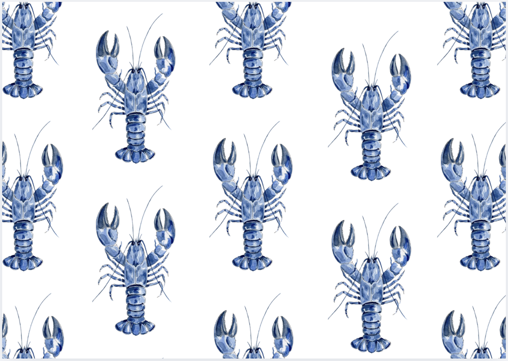 Pattern of blue crayfish illustrations on a white background.