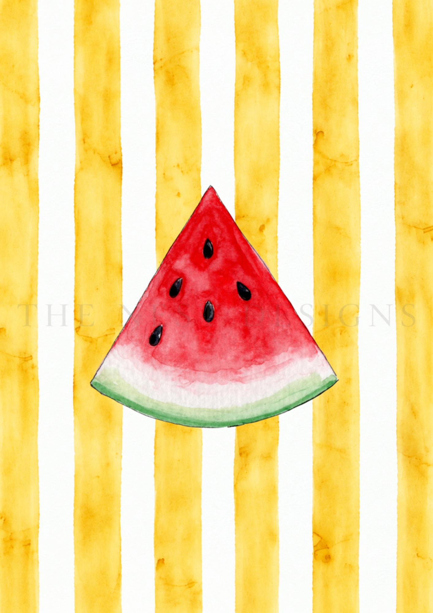 Watercolor painting of a slice of watermelon on a yellow striped background.