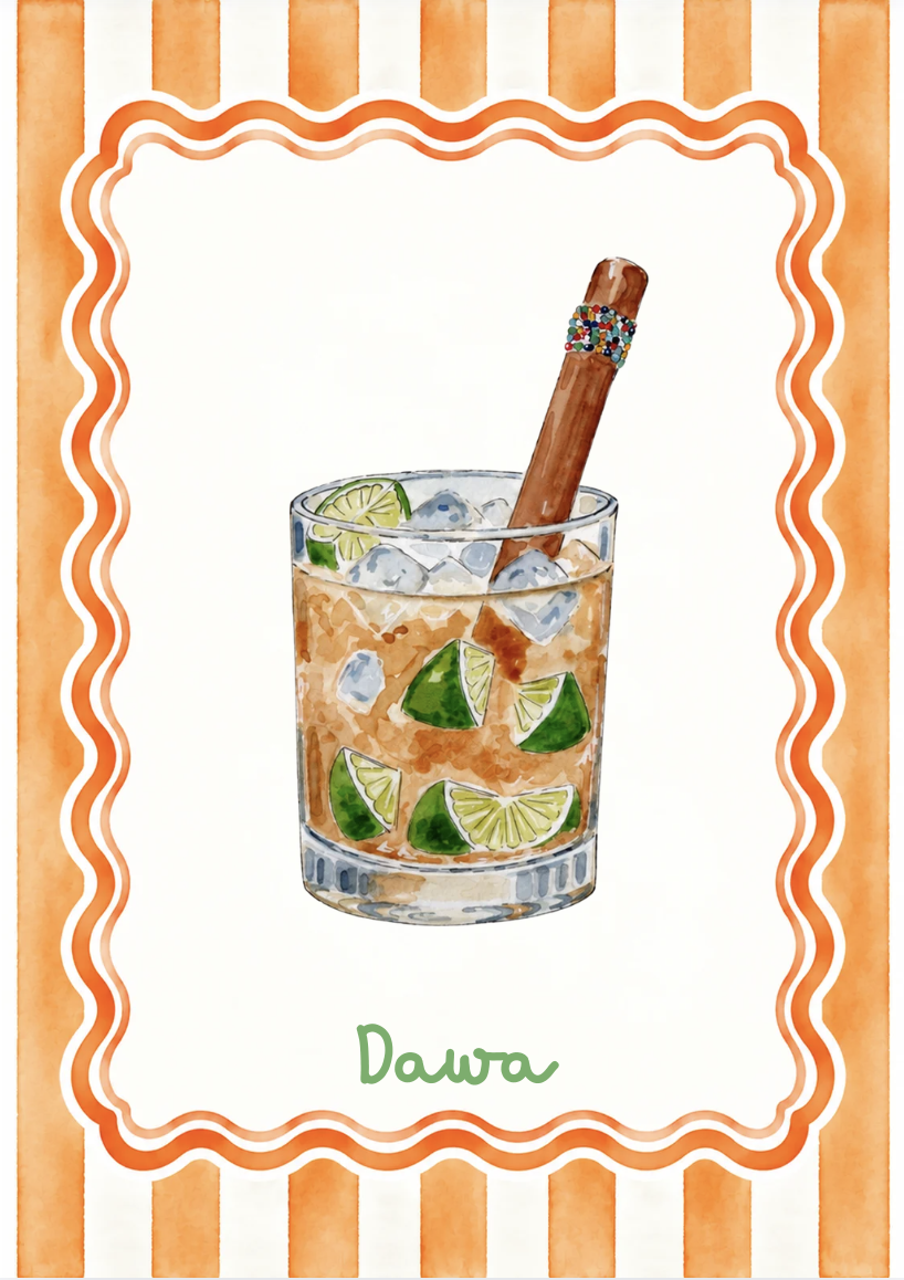 Watercolor illustration of a cocktail glass filled with a drink containing lime wedges and ice, with a cinnamon stick and colorful sprinkles as garnish, set against an orange and white striped background with a decorative border.