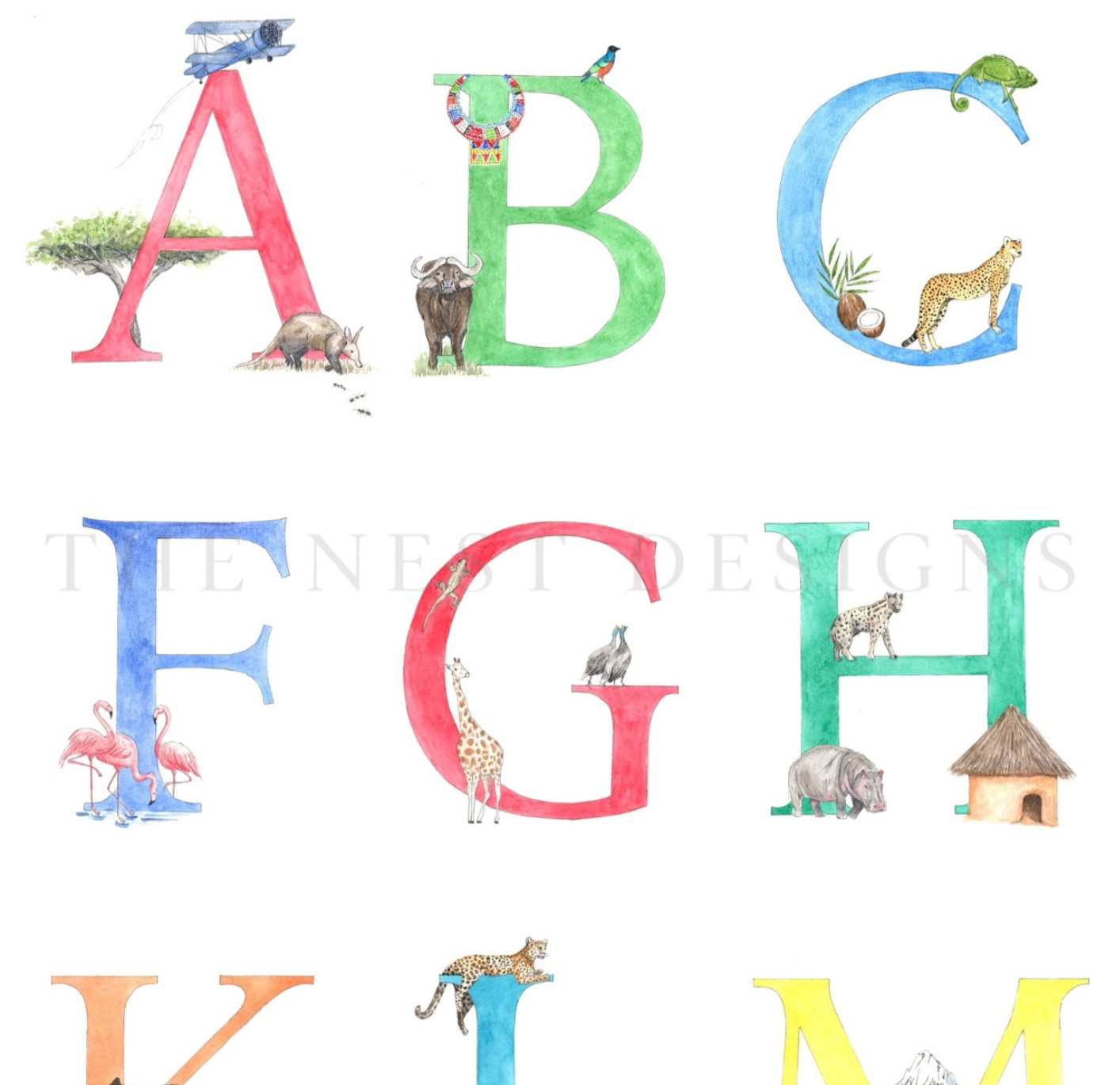 Colorful illustrated alphabet letters A through M, each decorated with images of animals and nature scenes.