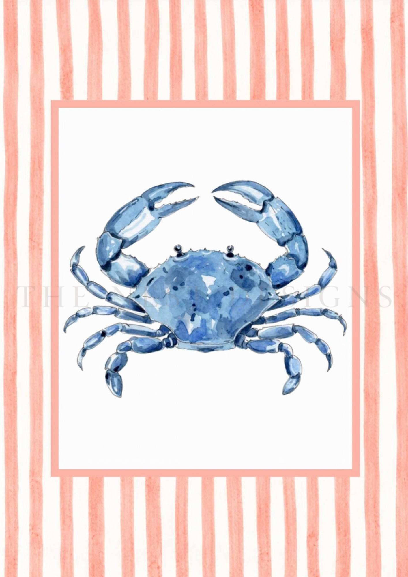 A watercolor illustration of a blue crab on a white background with a red striped border.