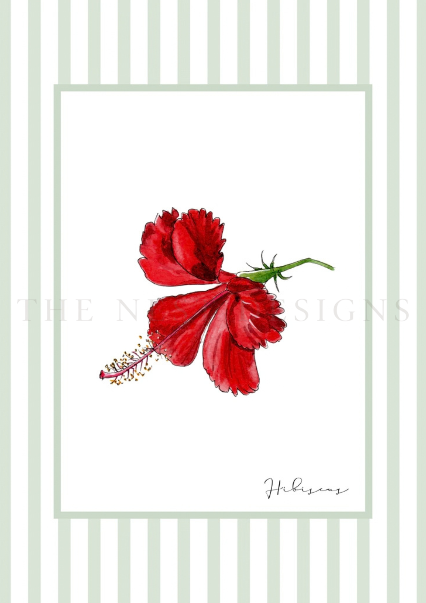 A red hibiscus flower with green stem on a white background with green vertical stripes and a light green border.