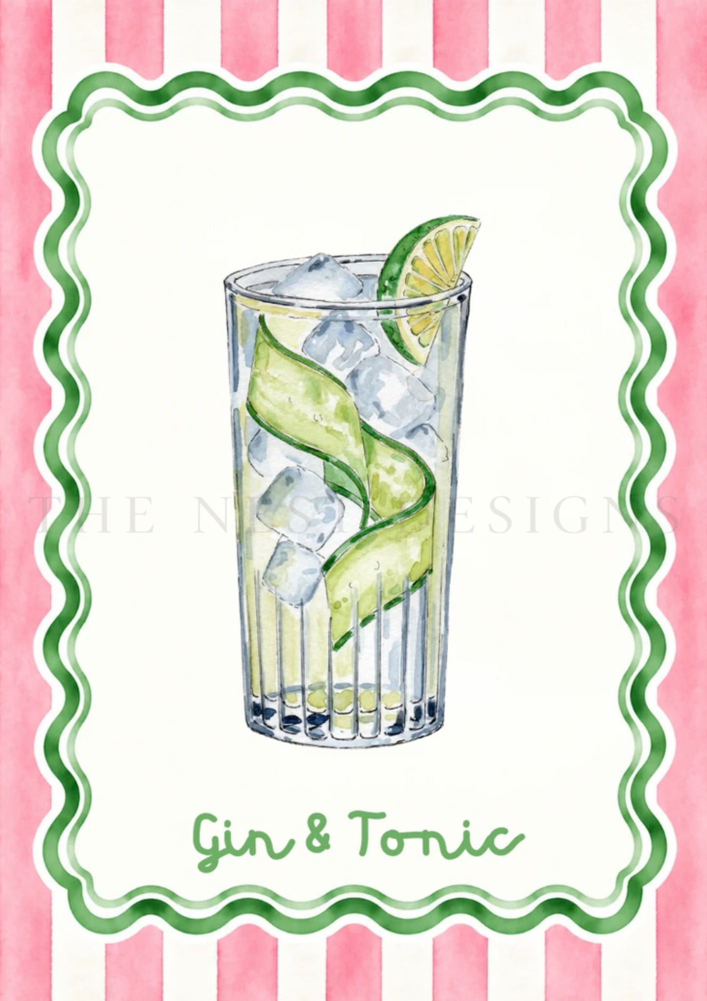 An illustration of a tall glass filled with ice, lemon and lime slices, and a green spiral straw, with the text "Gin & Tonic" below. The image has a pink and white striped background with a decorative green border.