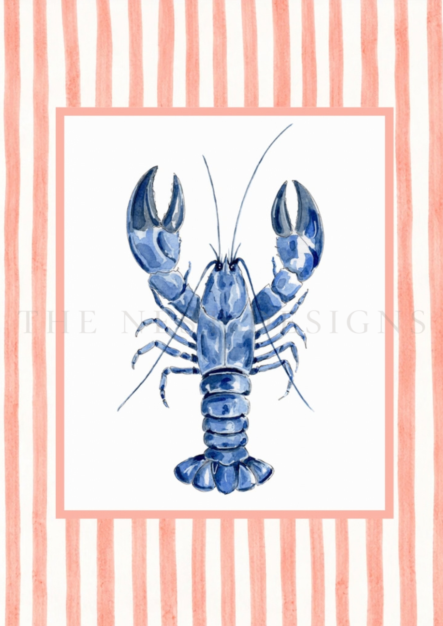 A watercolor illustration of a blue lobster centered on a white background with pink vertical stripes and a pink border.