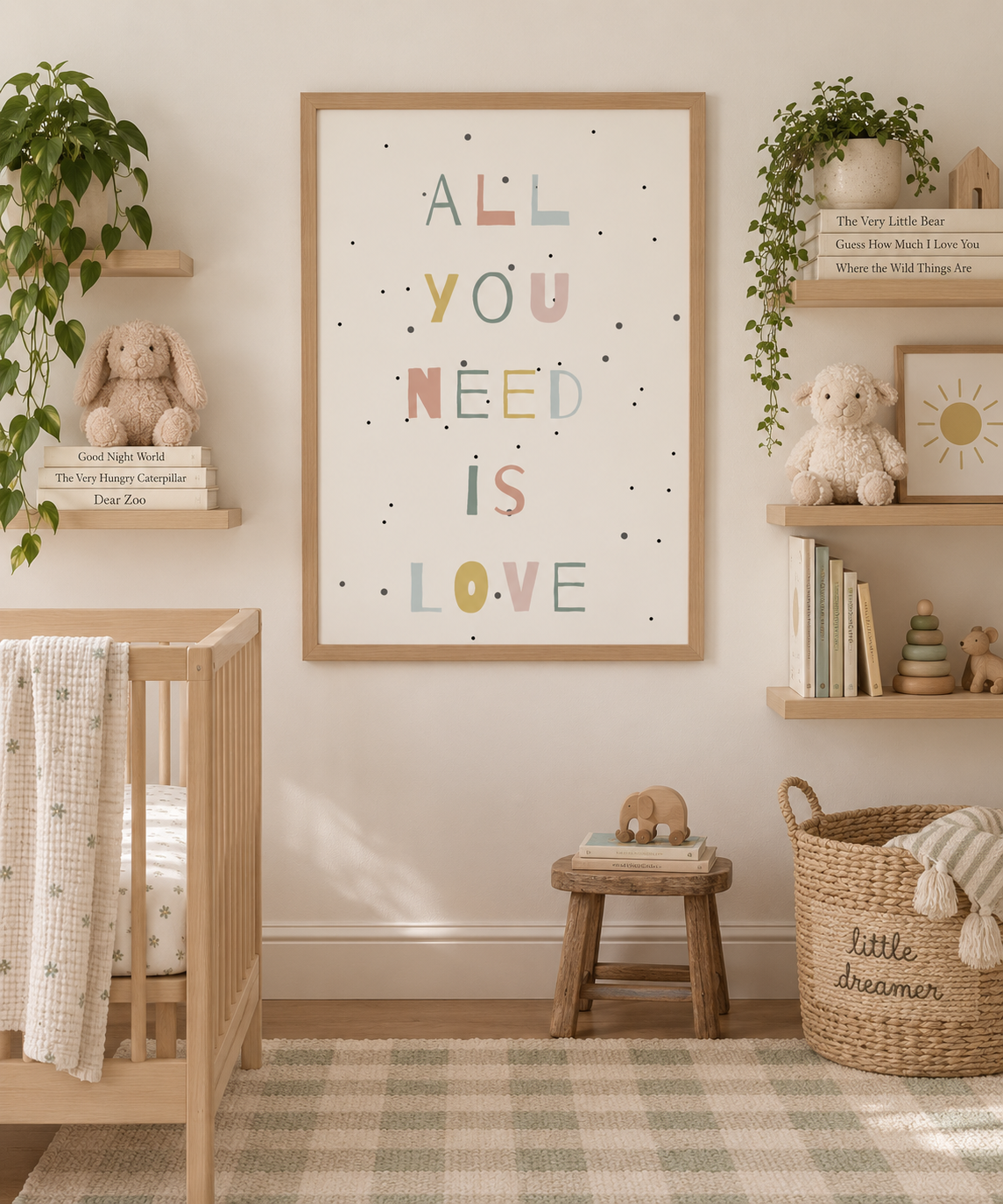 Decorated nursery with a framed sign that reads 'All you need is love,' stuffed animals, books, a woven basket with a blanket, and a small wooden stool with toys, in a soft, neutral color palette.