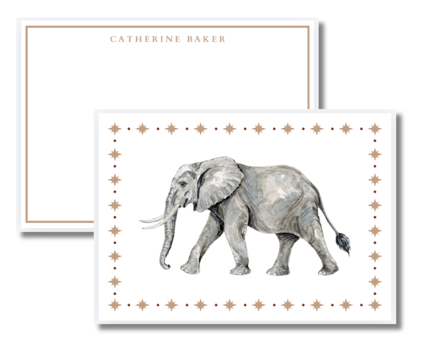 A greeting card with an illustration of a gray elephant with large ears, a curved trunk, and four legs, framed by a border of brown stars and dots, with the name 'Catherine Baker' printed on the back of the card.