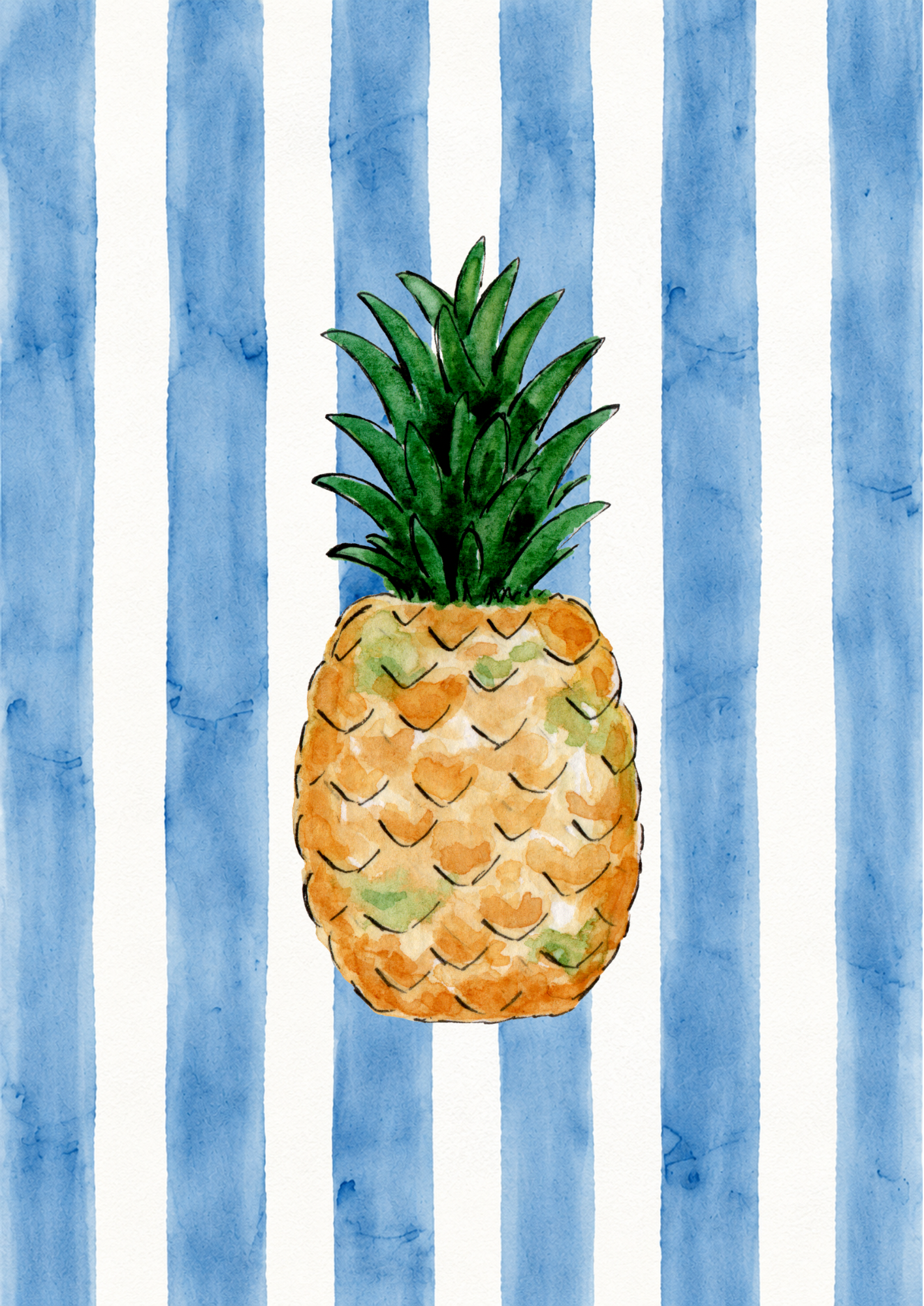 Watercolor painting of a pineapple with green leaves on top, set against a background of blue and white vertical stripes.