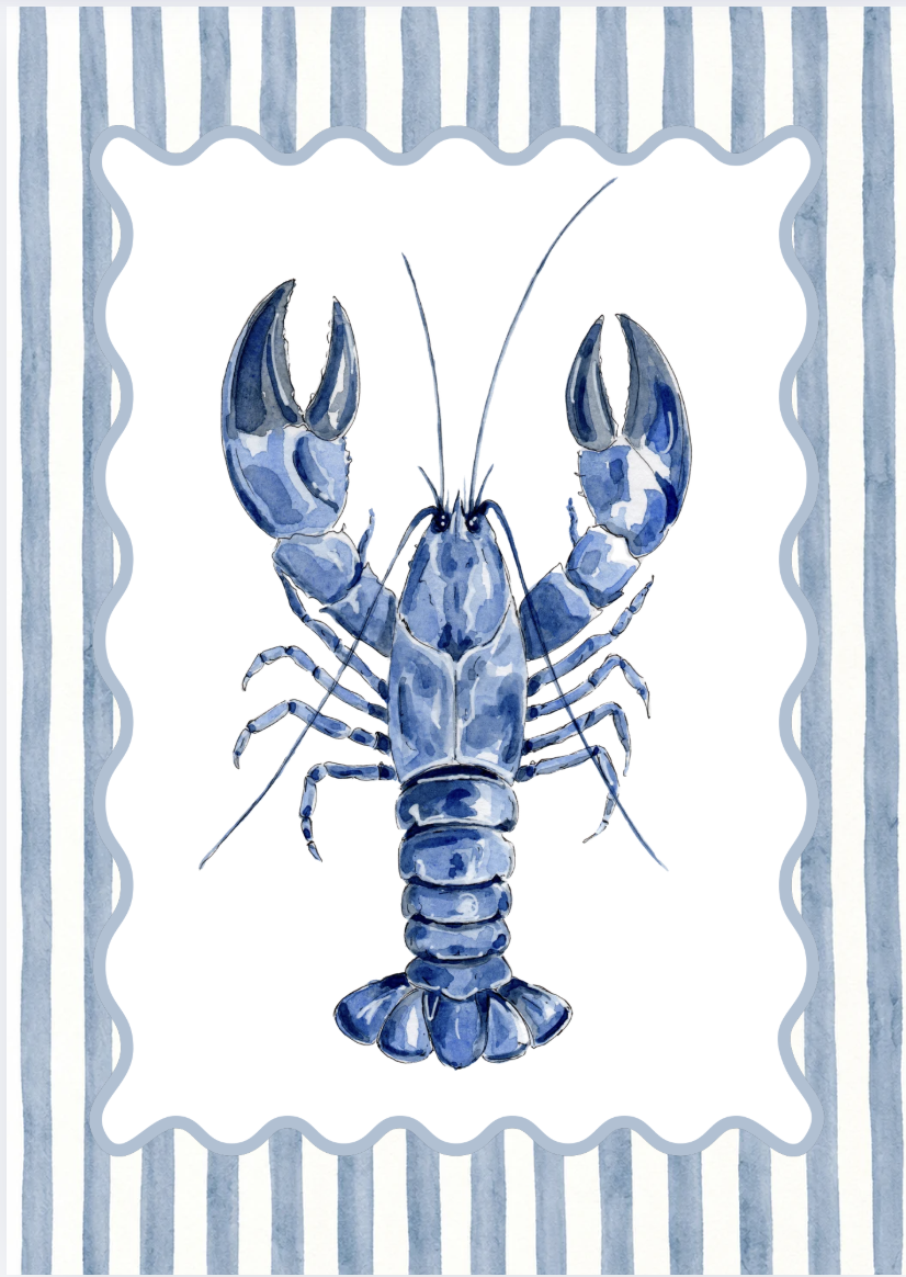 Watercolor illustration of a blue lobster centered on a white background with blue and white striped border.