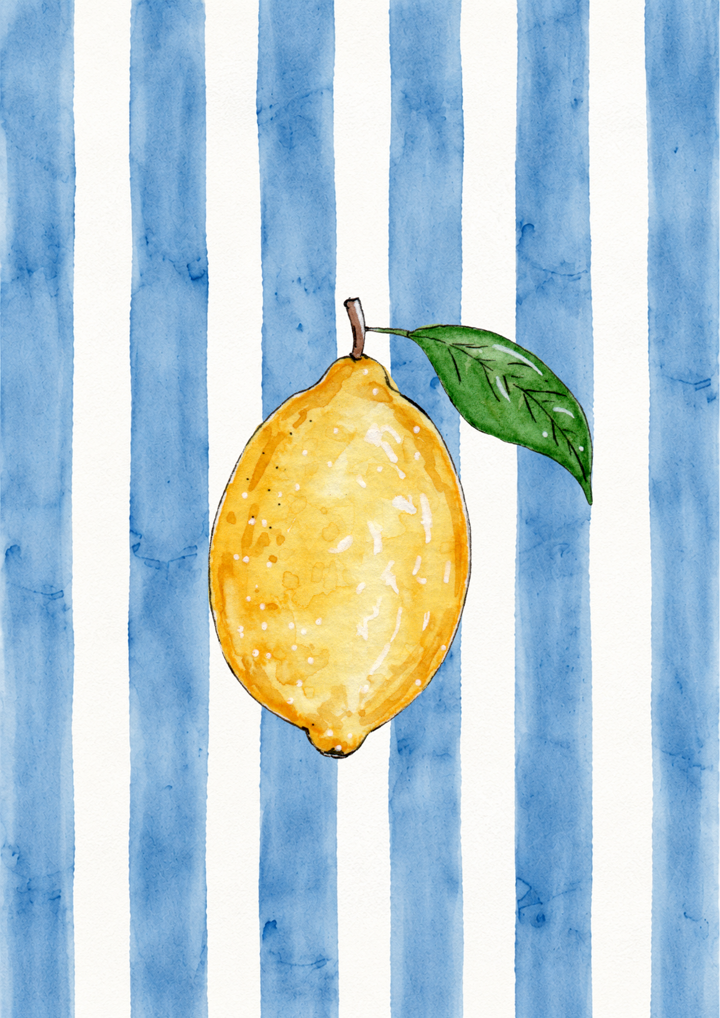 Watercolor painting of a yellow lemon with a green leaf on a blue and white vertical striped background.