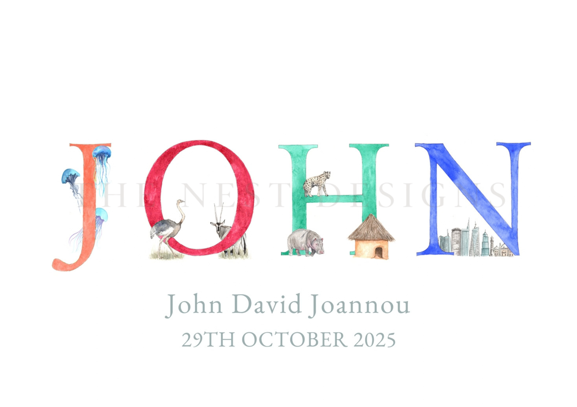 Colorful text spelling 'JOHN' with illustrations of animals, a hut, a city skyline, and a date '29TH OCTOBER 2025' underneath.