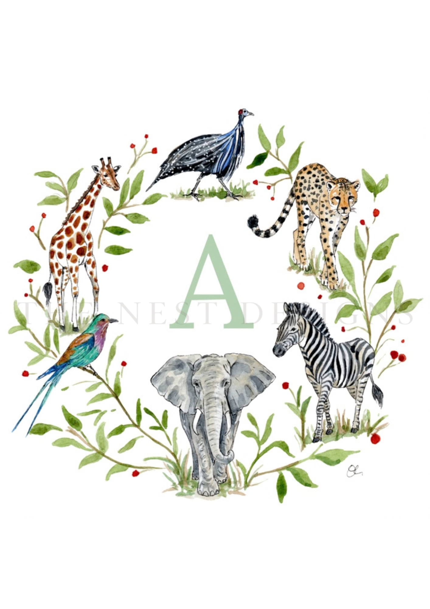 Watercolor illustration of a giraffe, an elephant, a zebra, a peacock, a cheetah, and a bird with green foliage and red berries surrounding them.