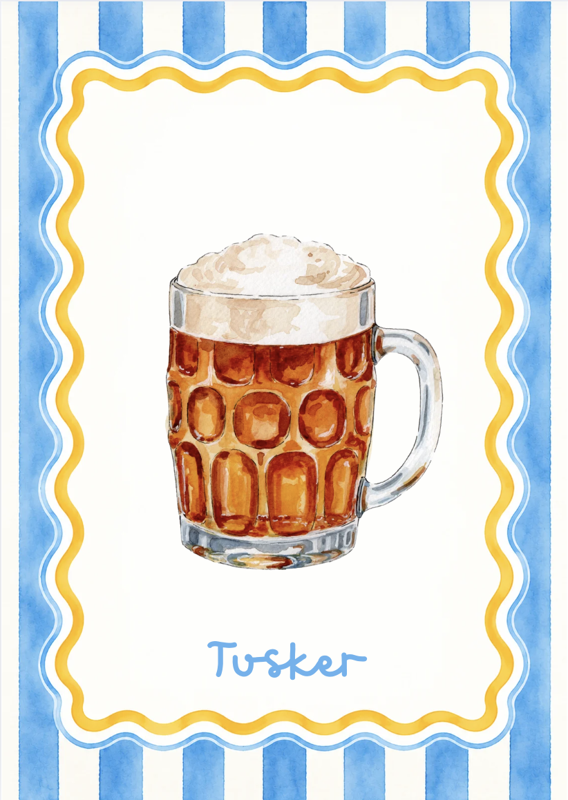 A watercolor illustration of a beer mug filled with beer and topped with foam, with a blue and white striped background and a decorative yellow border. The word "Tosker" is written below in blue.