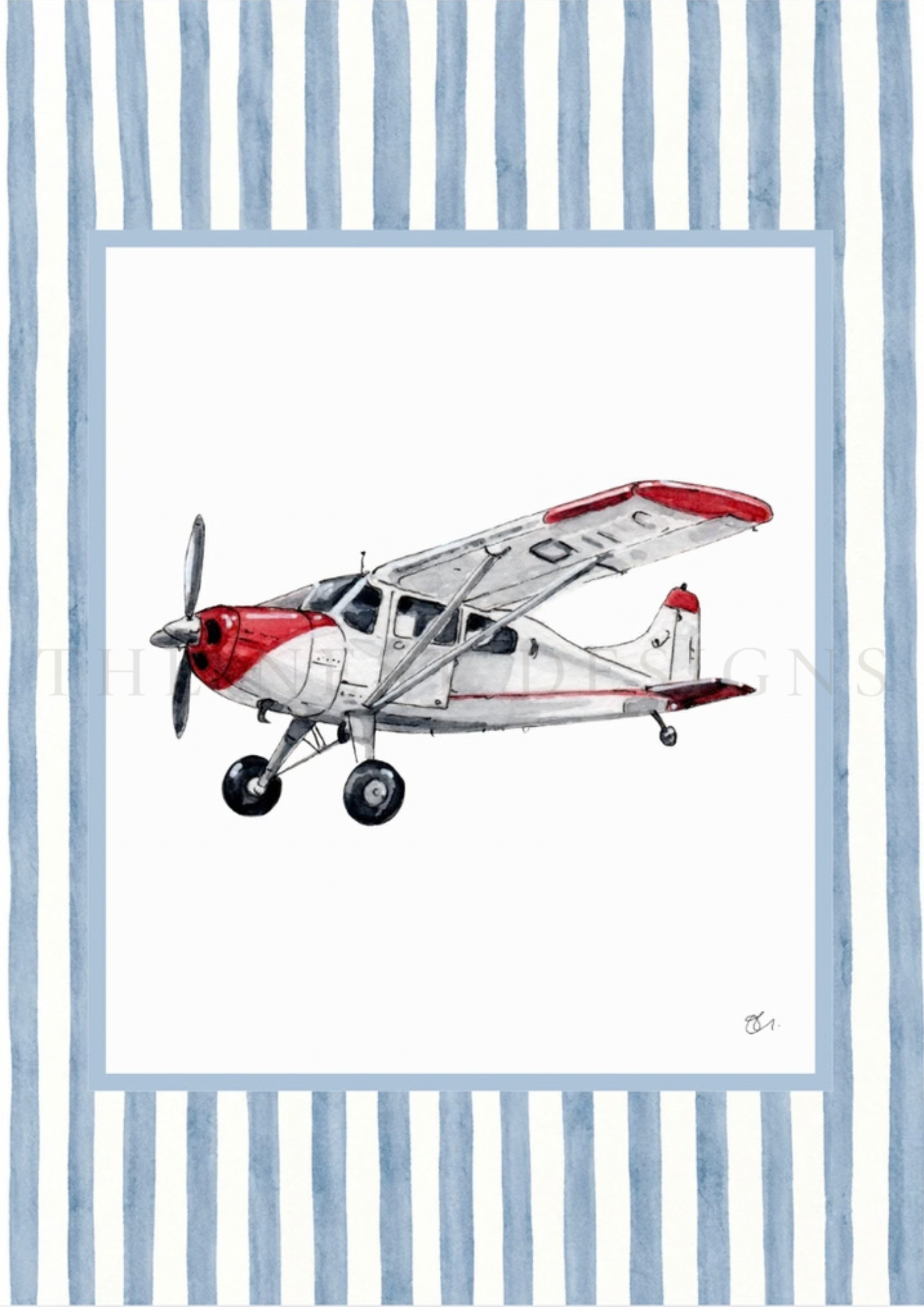 Watercolor painting of a small airplane with red and white coloring on a striped blue and white curtain background.