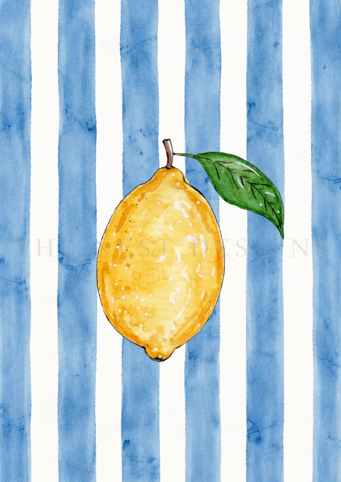 Watercolor painting of a yellow lemon with a green leaf against a background of vertical blue and white stripes.