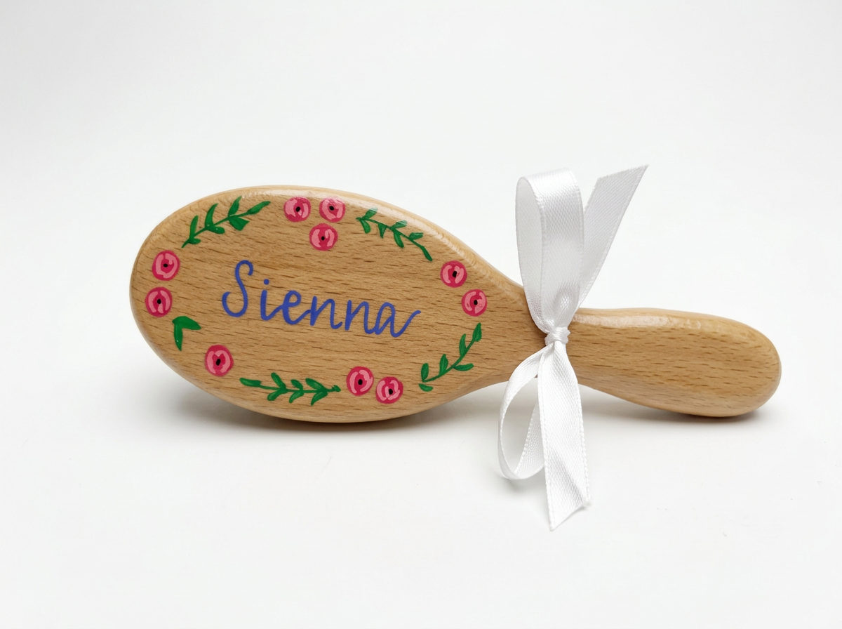 A wooden hairbrush with pink flower and green leaf decorations. The name 'Sienna' is written in blue in the center, and the brush has a white ribbon tied into a bow on the handle.