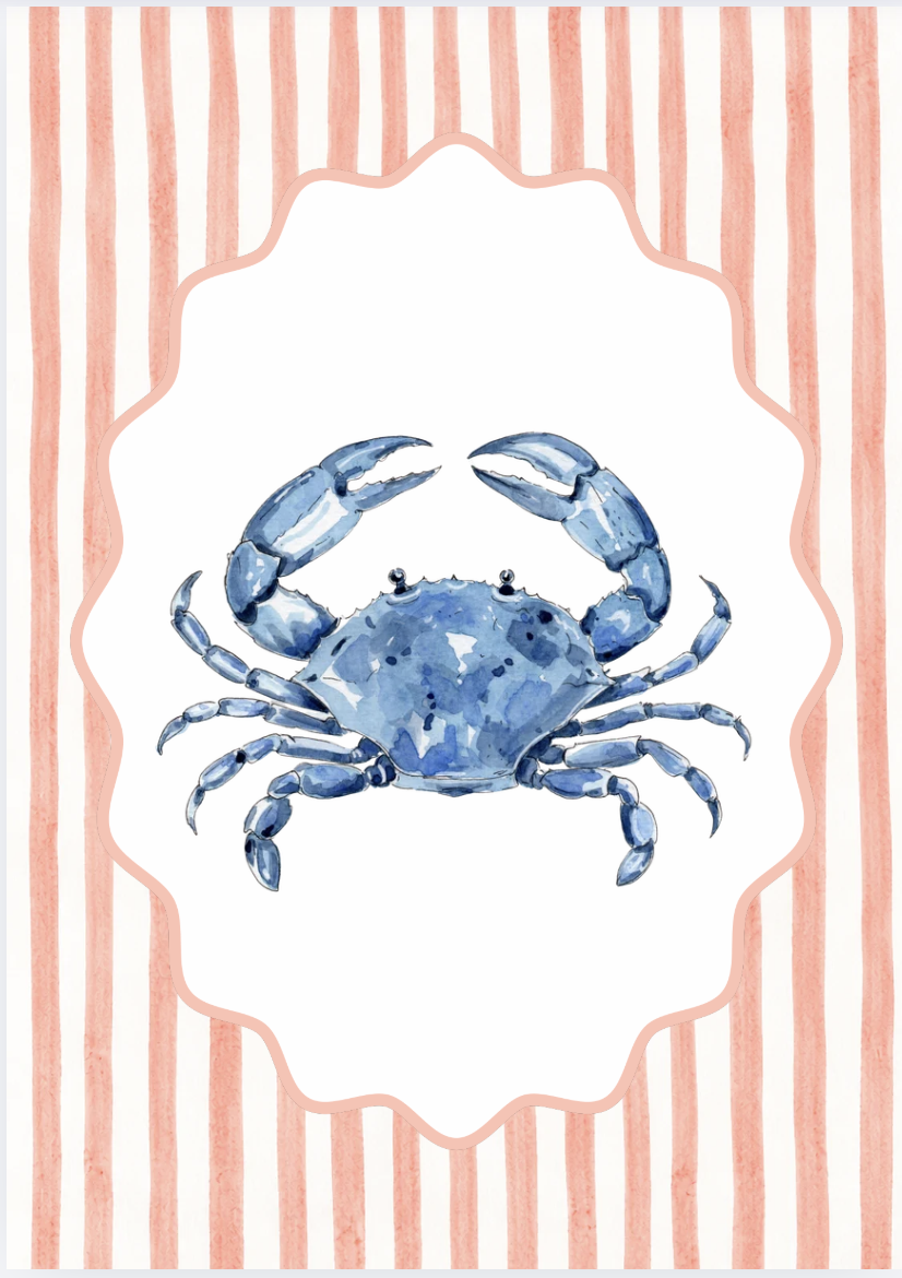 Watercolor illustration of a blue crab on a striped pink and white background with a decorative border.
