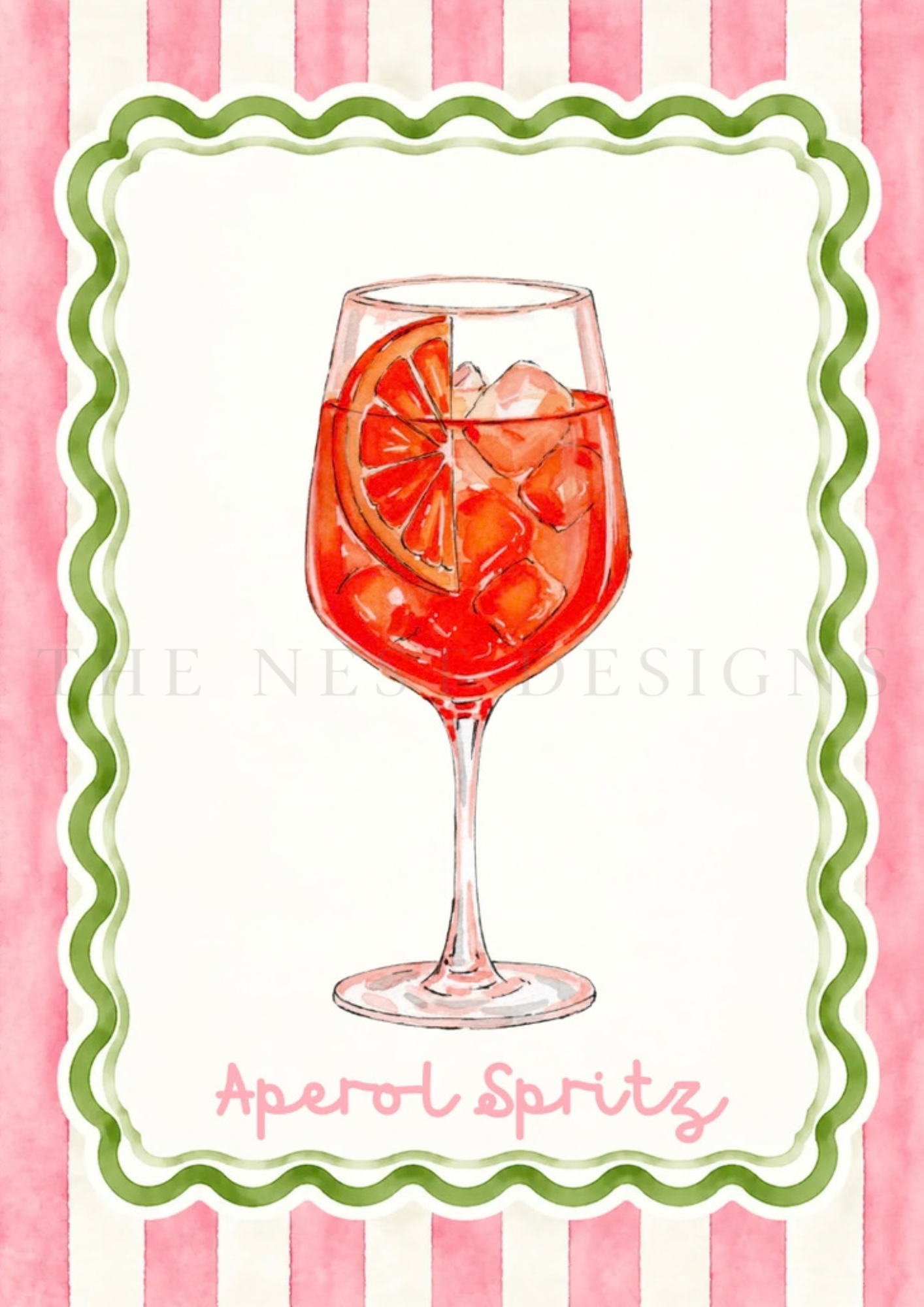 A watercolor illustration of a glass filled with an Aperol spritz, garnished with orange slices and ice, on a pink and white striped background with decorative green and pink scalloped borders. The text 'Aperol Spritz' is written in pink at the bottom.
