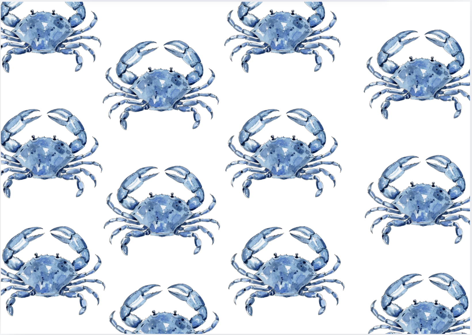 Pattern of watercolor blue crabs on a white background.