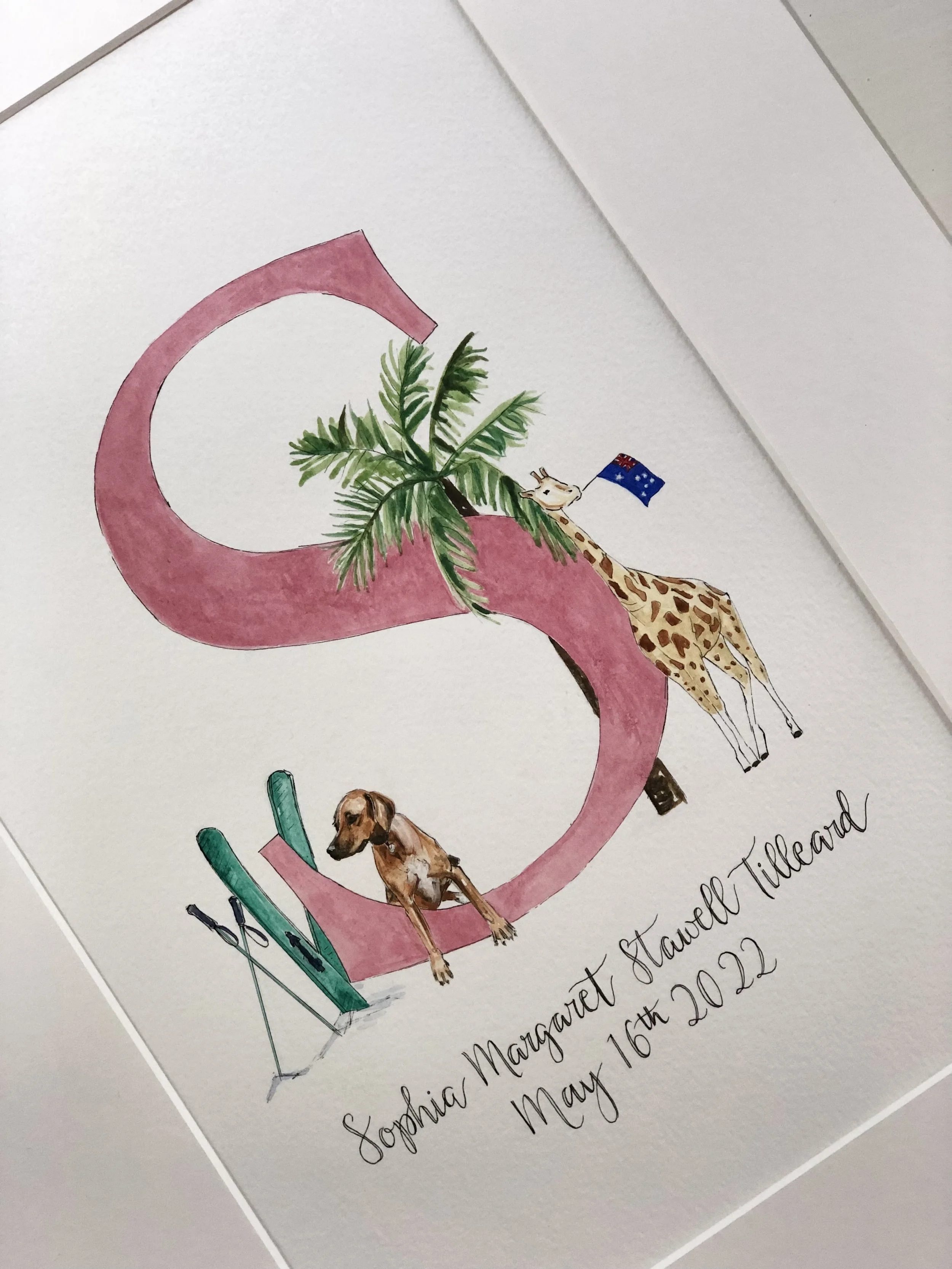Watercolor illustration of a large pink letter 'Q' surrounded by tropical plants, a giraffe holding an Australian flag, a dog, and a pair of green skis. There is handwritten text with names and a date at the bottom.