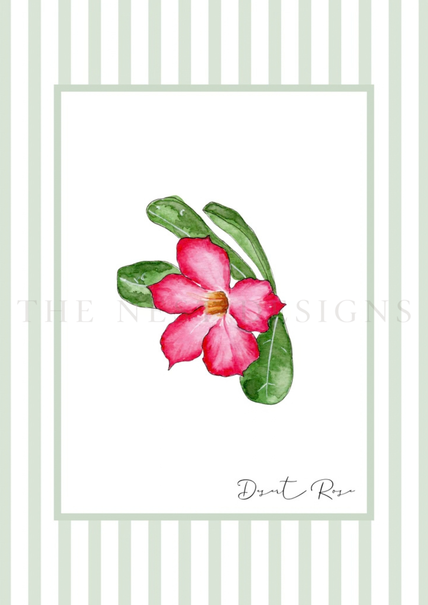 Watercolor painting of a desert pink rose with green leaves on a white background, framed by a green striped border and pastel green accents.