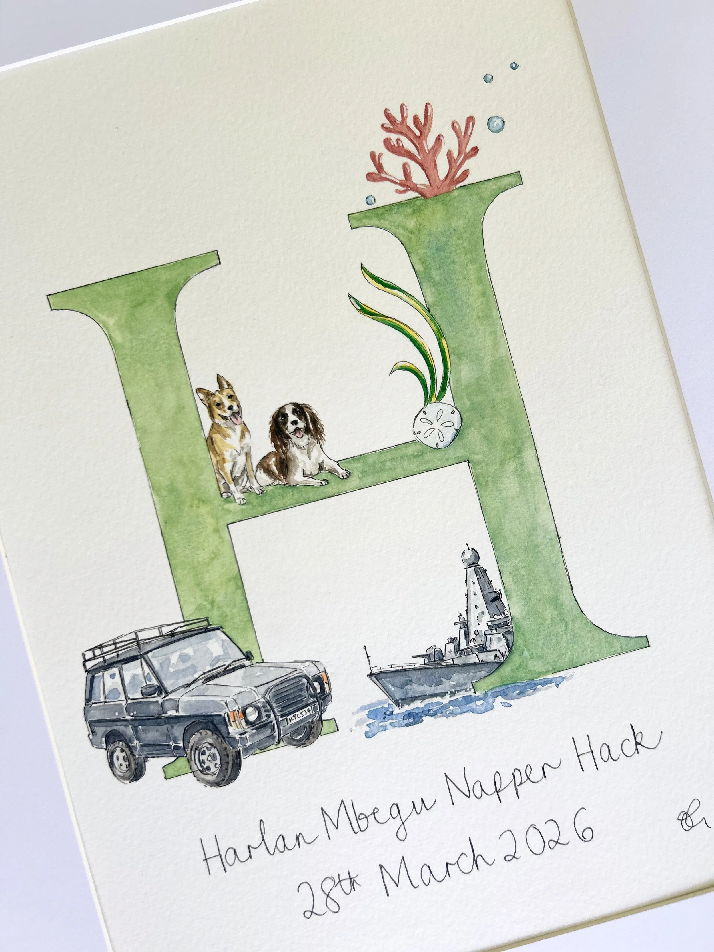 Watercolor illustration of a large letter 'L' with a small photo of two dogs, a red coral, a potted plant, a car in front of a naval ship, and handwritten text reading 'Harlan Megan Nappen Hack 28th March 2026'.