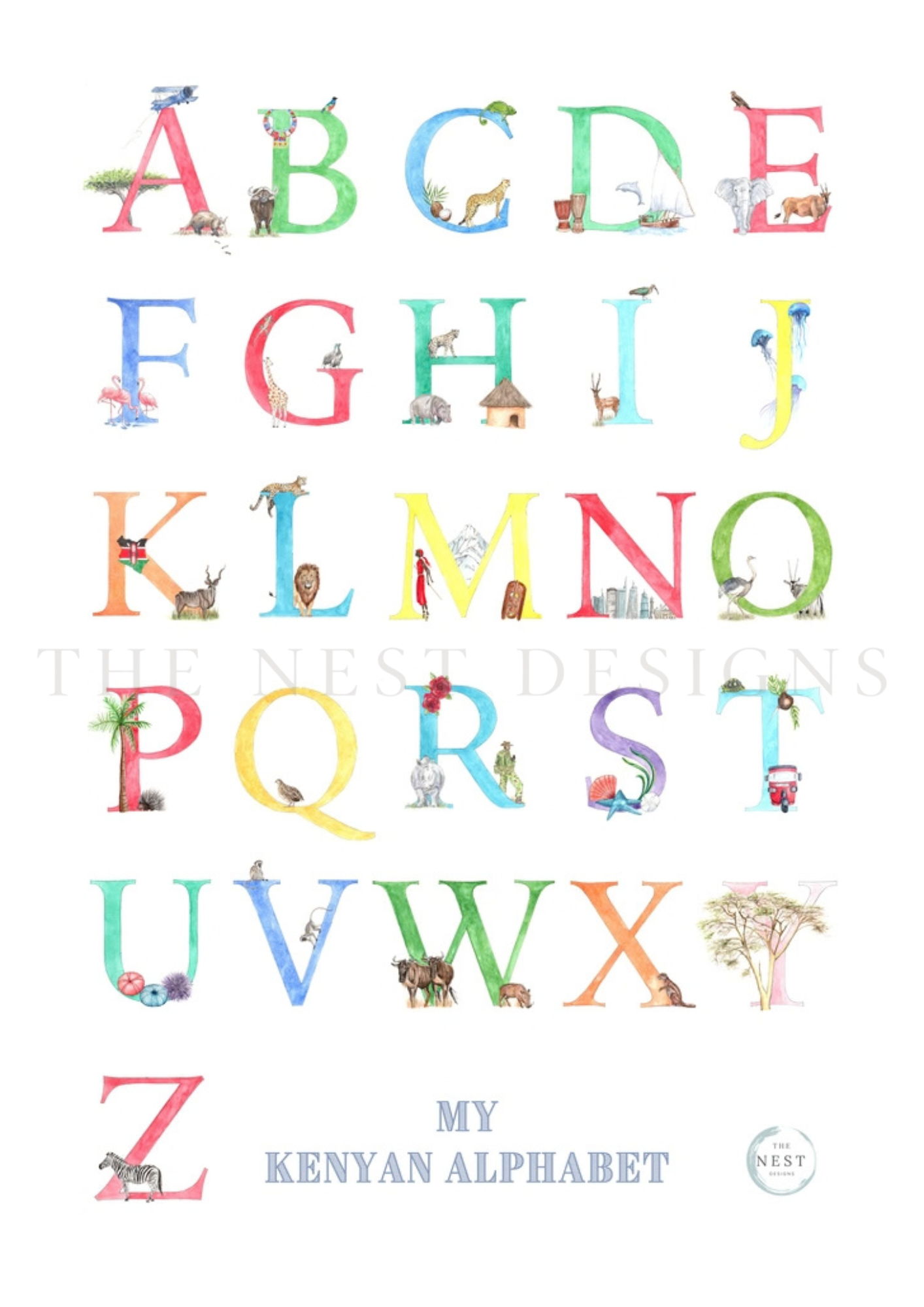 Colorful illustrated Kenyan alphabet with animals and landmarks for each letter, titled 'My Kenyan Alphabet'.
