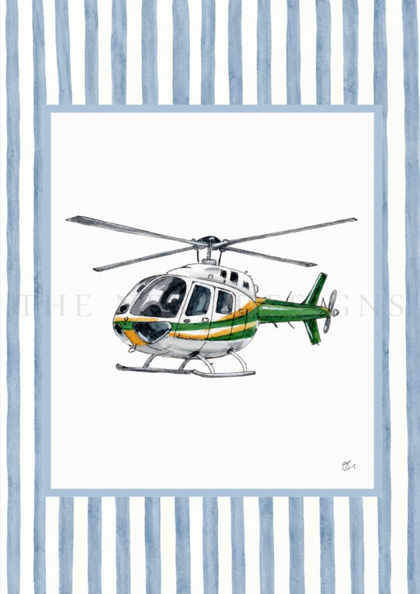 A colorful illustration of a helicopter with green, white, yellow, and black colors on a white background, with a blue striped border.