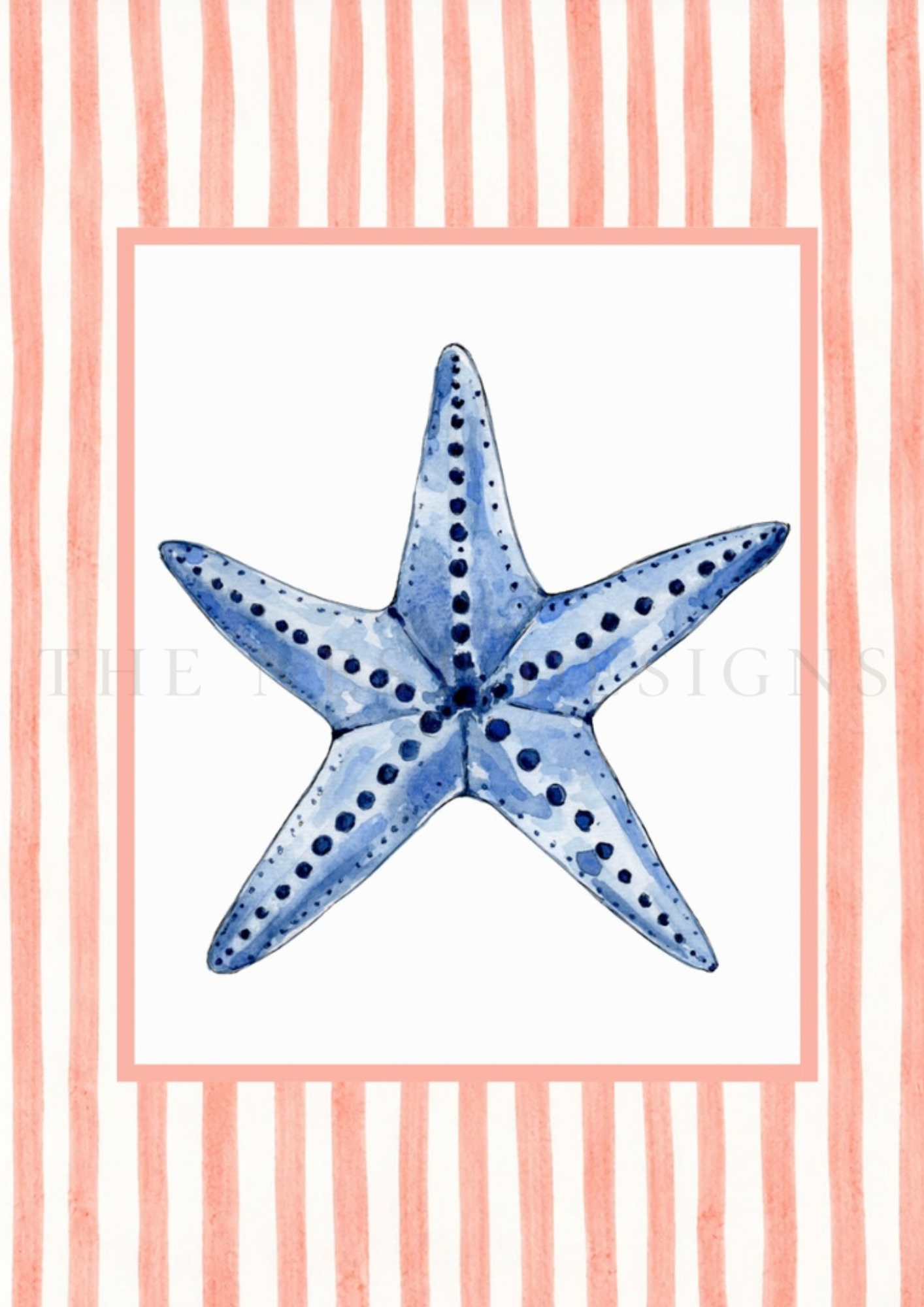 Watercolor illustration of a blue starfish on a white background with pink vertical stripe border.