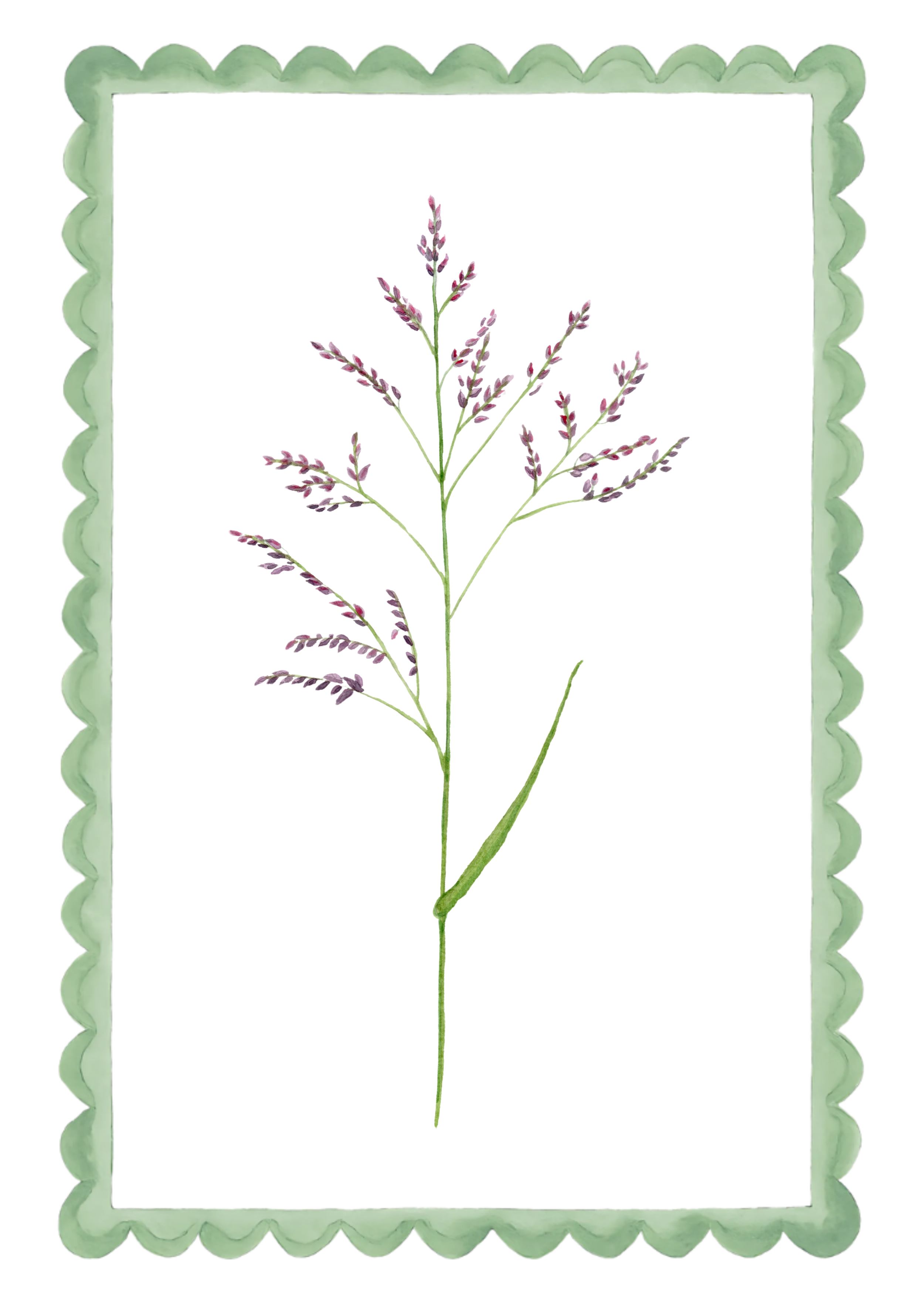Watercolor illustration of a sprig of purple lavender with green stem and leaves, decorative green scalloped border.