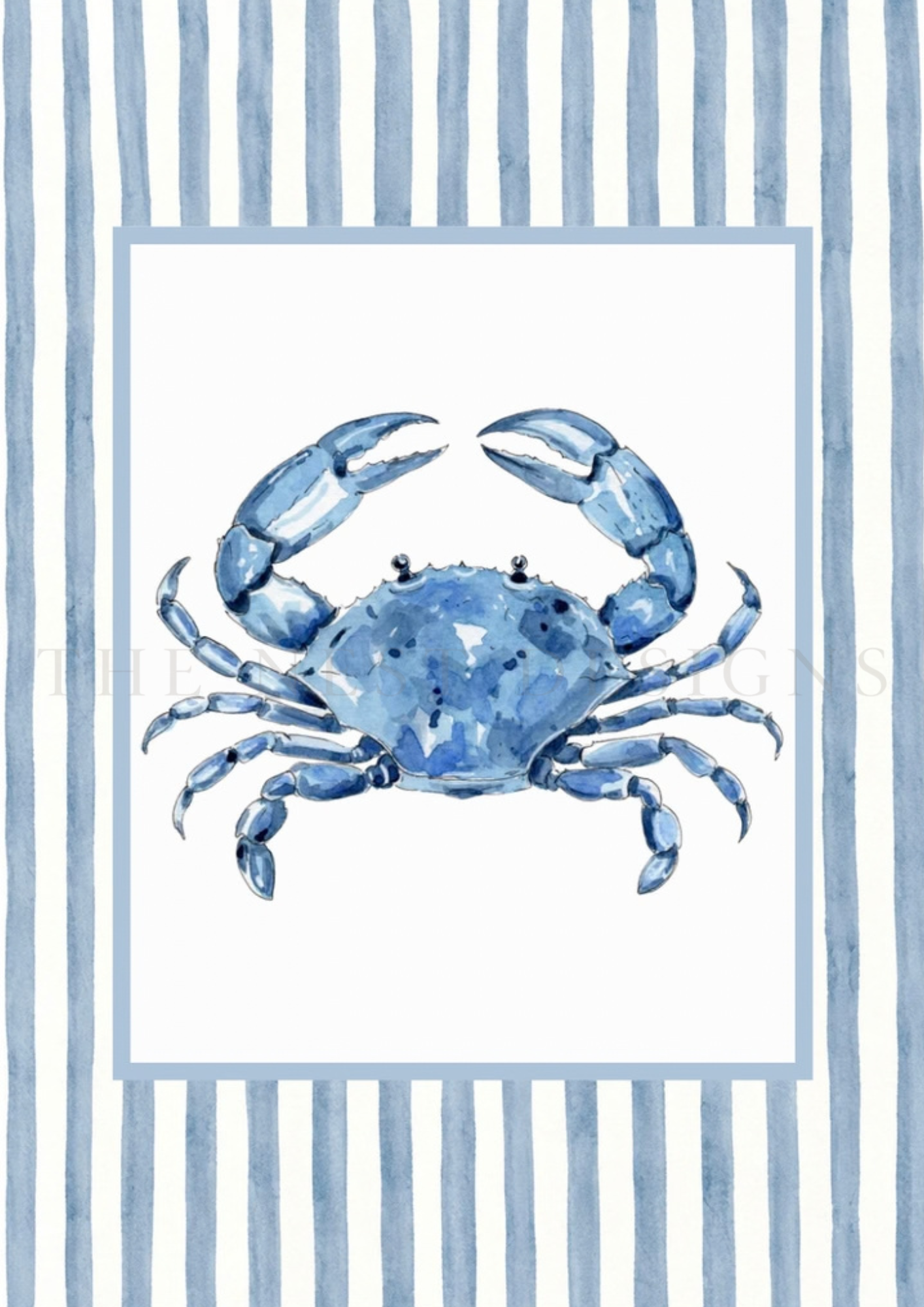 A watercolor illustration of a blue crab on a white background, surrounded by a border of vertical blue and white stripes.