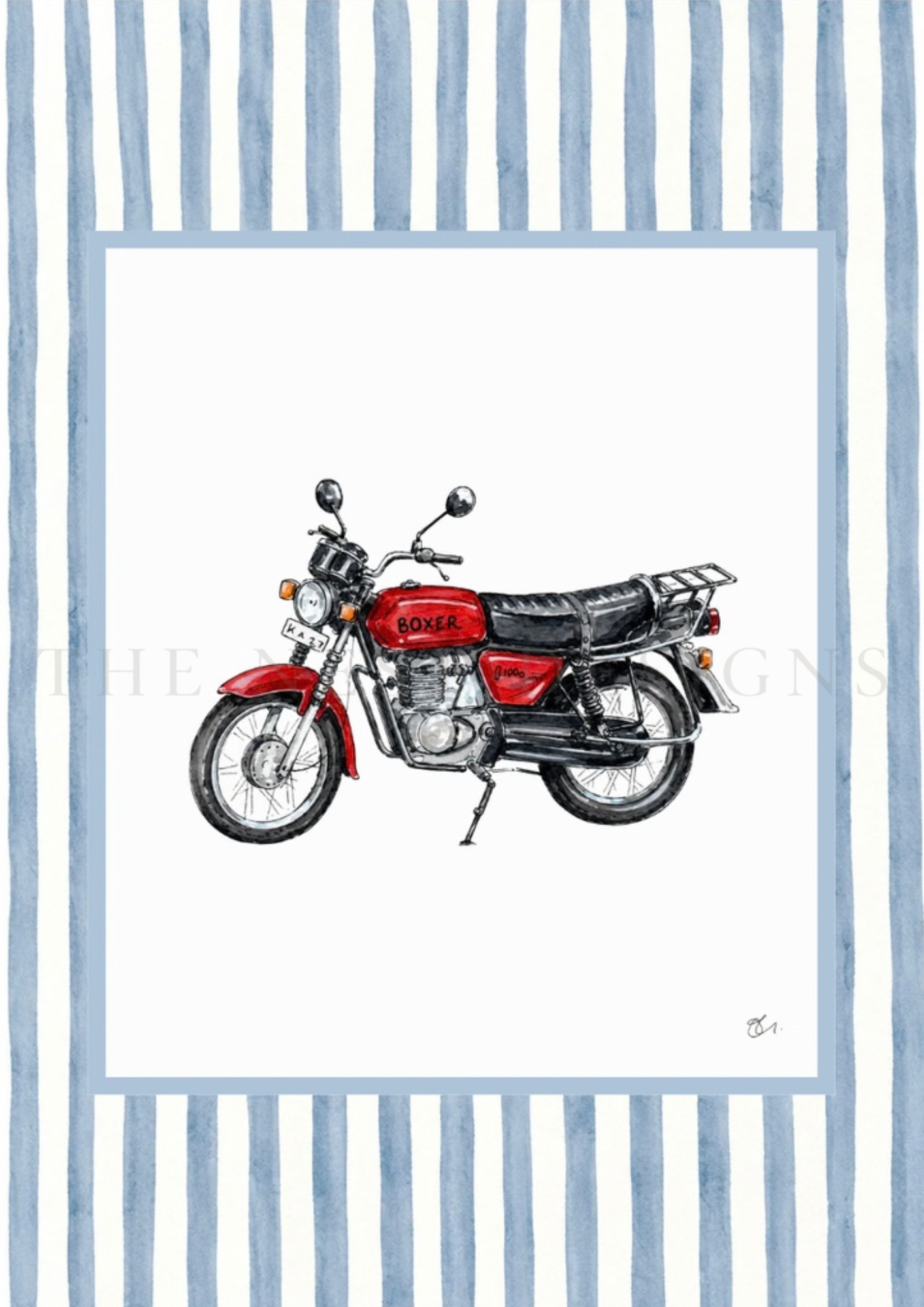 Watercolor illustration of a red vintage motorcycle with a luggage rack, set against a blue and white striped background.