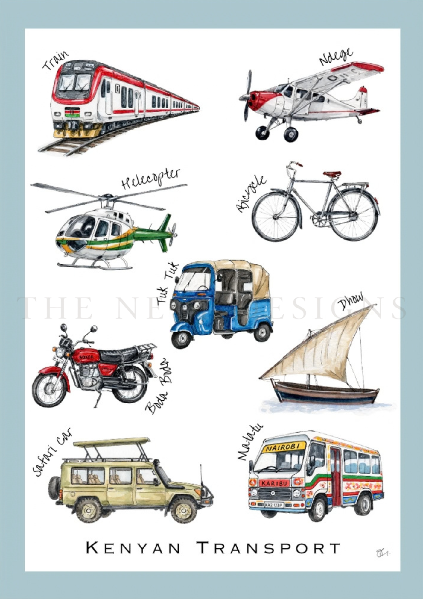 Illustration of different modes of transportation including a train, airplane, helicopter, bicycle, tuk tuk, safari car, matatu, and bus, all labeled accordingly, representing Kenyan transport.